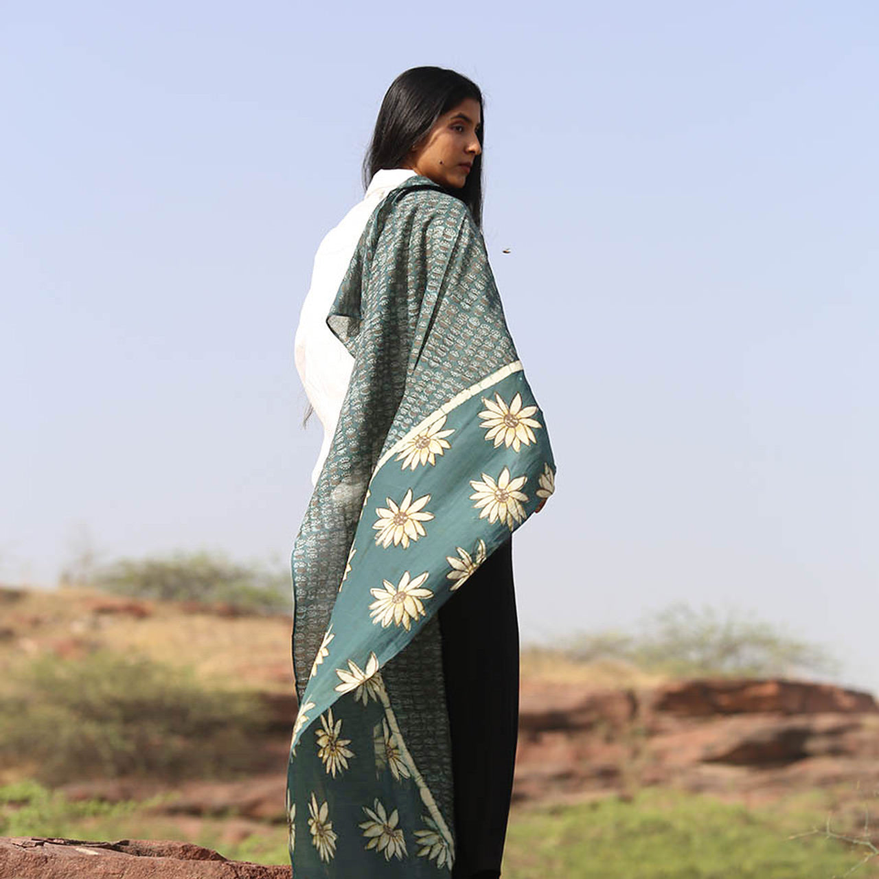 Handmade Block Print Cotton Silk Large Scarf - Joie