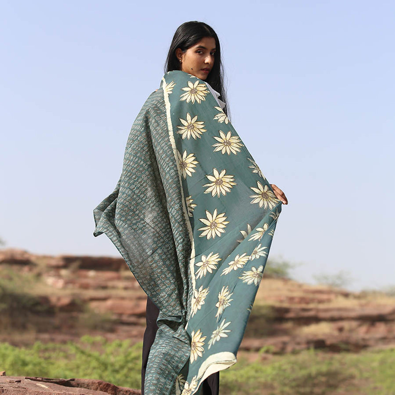 Handmade Block Print Cotton Silk Large Scarf - Joie