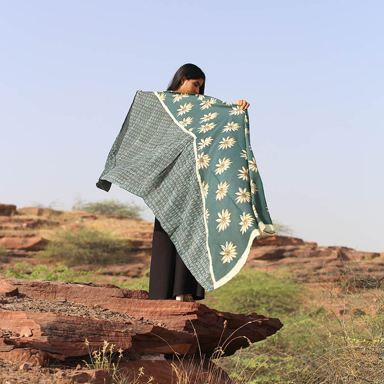 Handmade Block Print Cotton Silk Large Scarf - Joie