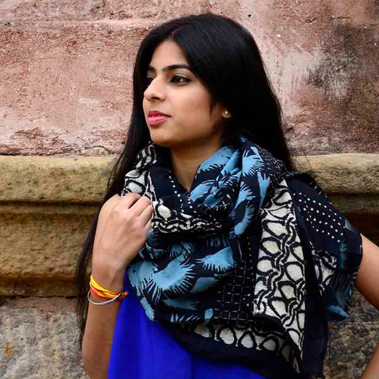 Handmade Block Print Cotton Silk Large Scarf - Hari