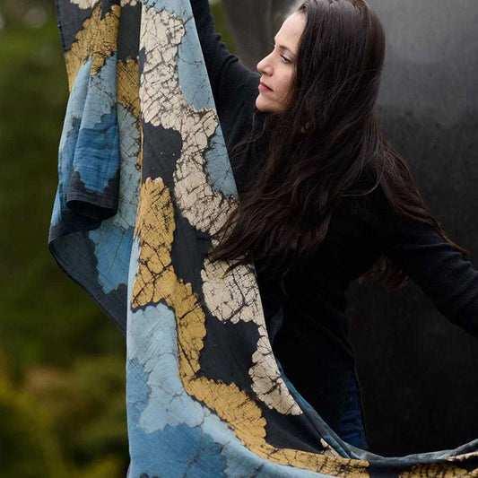 Handmade Block Print Cotton Silk Large Scarf - Ocean