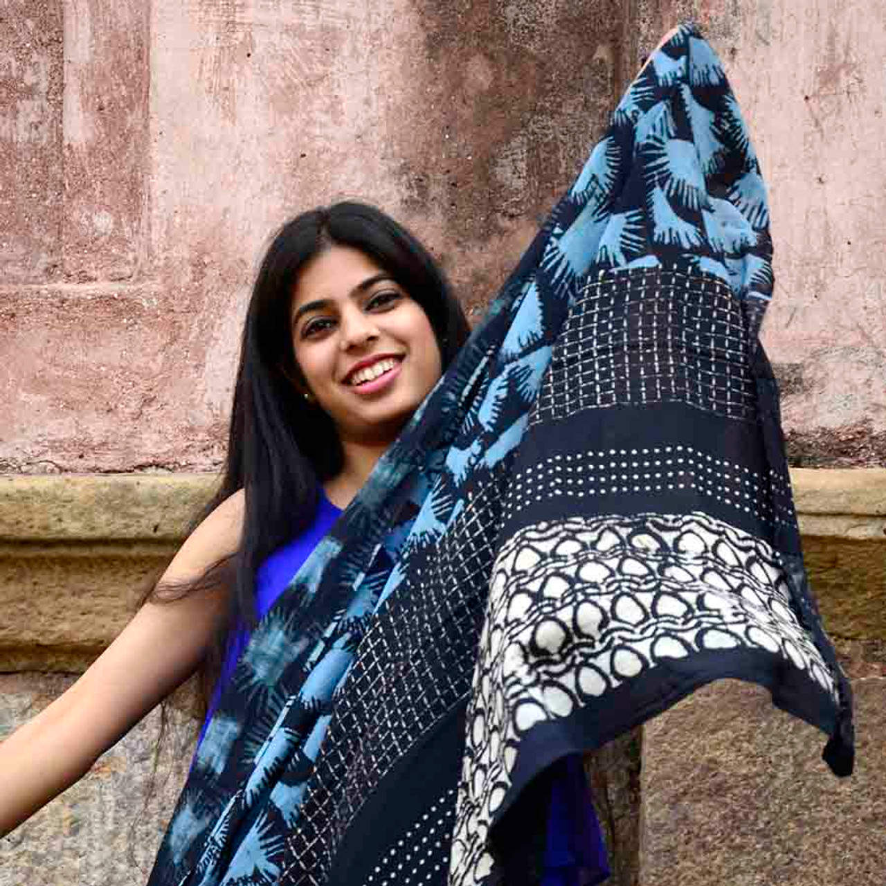 Handmade Block Print Cotton Silk Large Scarf - Hari
