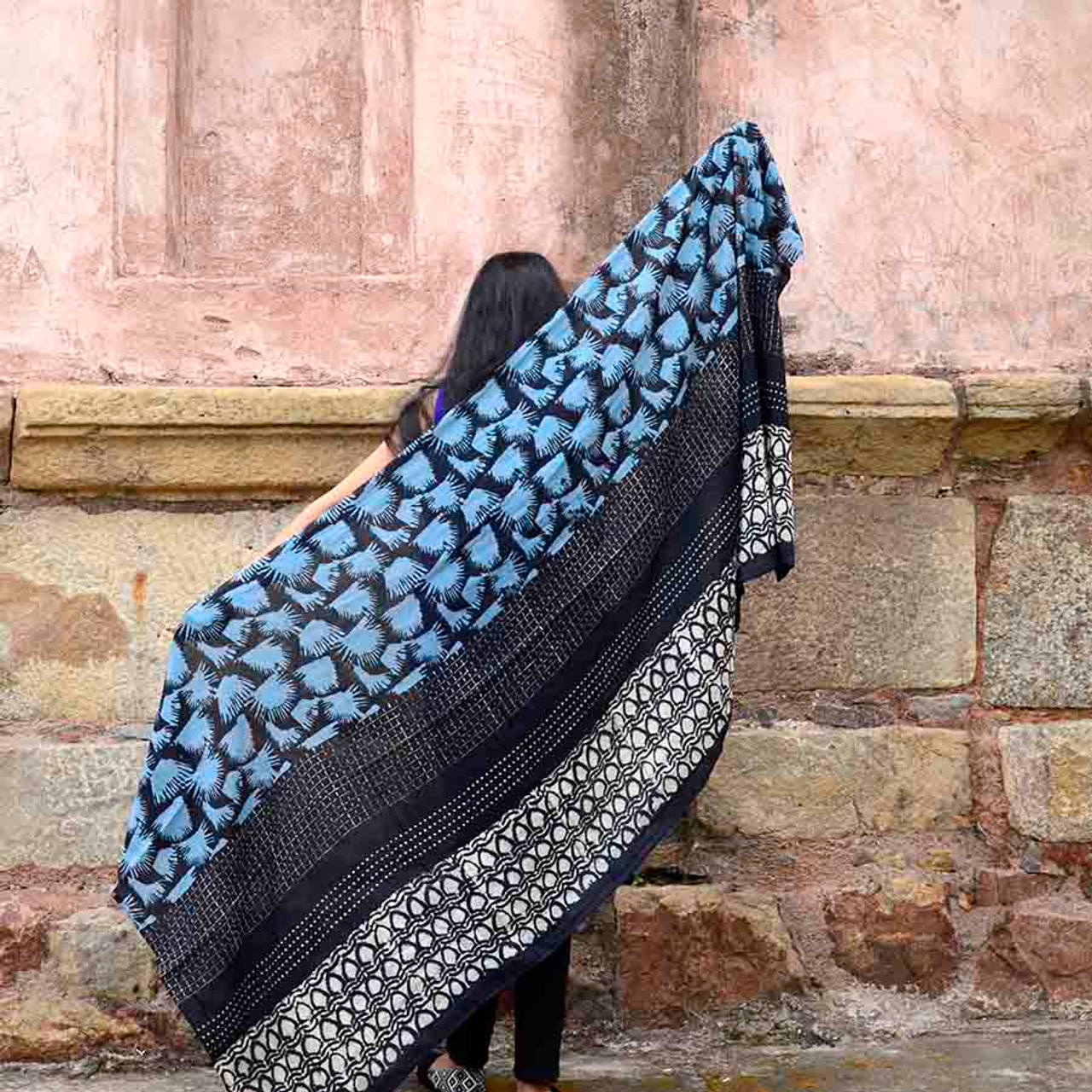 Handmade Block Print Cotton Silk Large Scarf - Hari