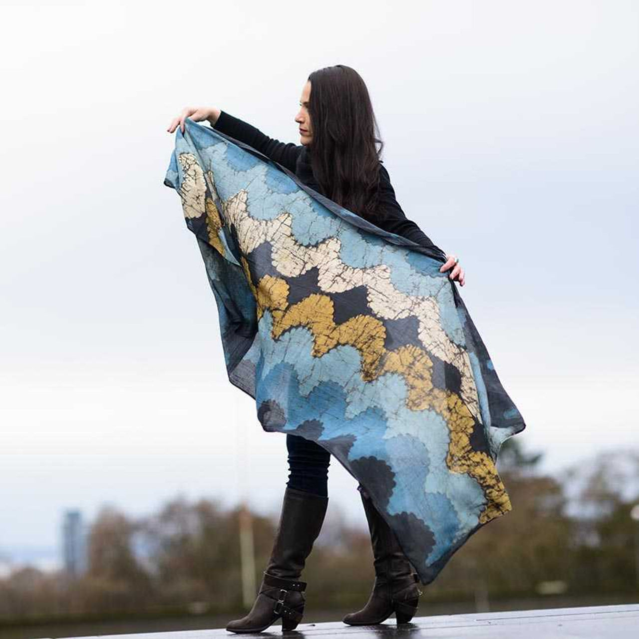 Handmade Block Print Cotton Silk Large Scarf - Ocean